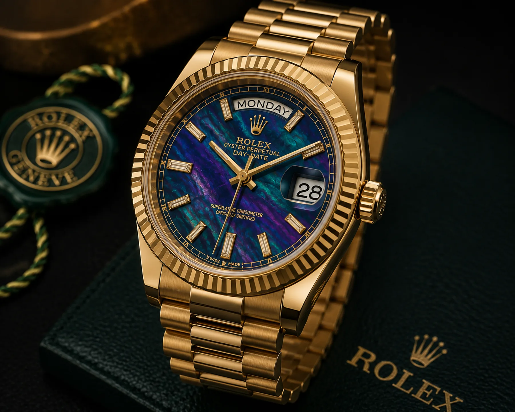Rolex Day-Date in yellow gold with aurora stone dial on a President bracelet
