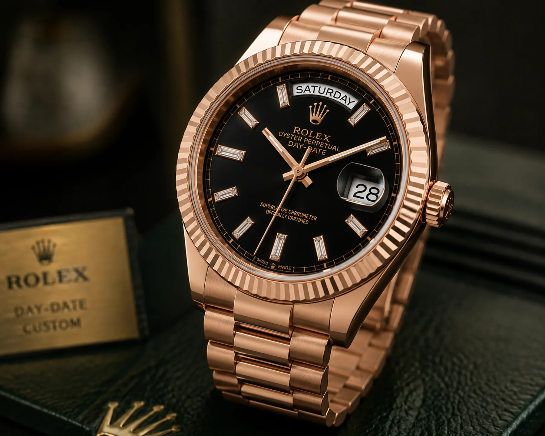 Rolex Day-Date in Everose gold with black dial and fluted bezel on a President bracelet