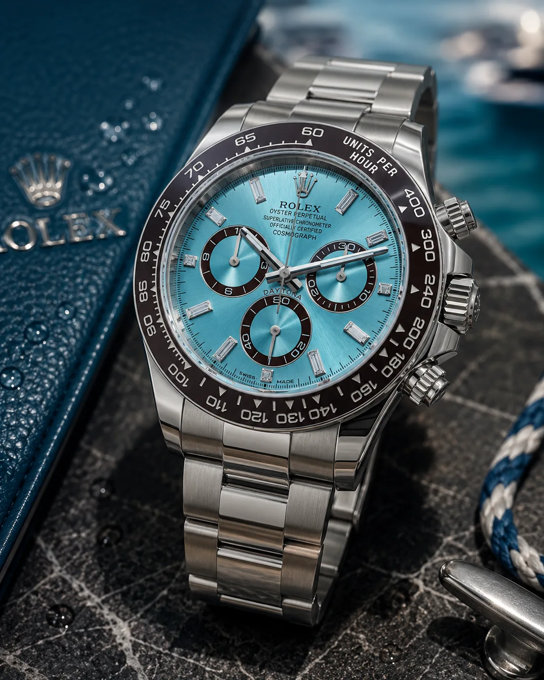 Rolex Daytona in platinum with ice blue dial and chestnut ceramic bezel