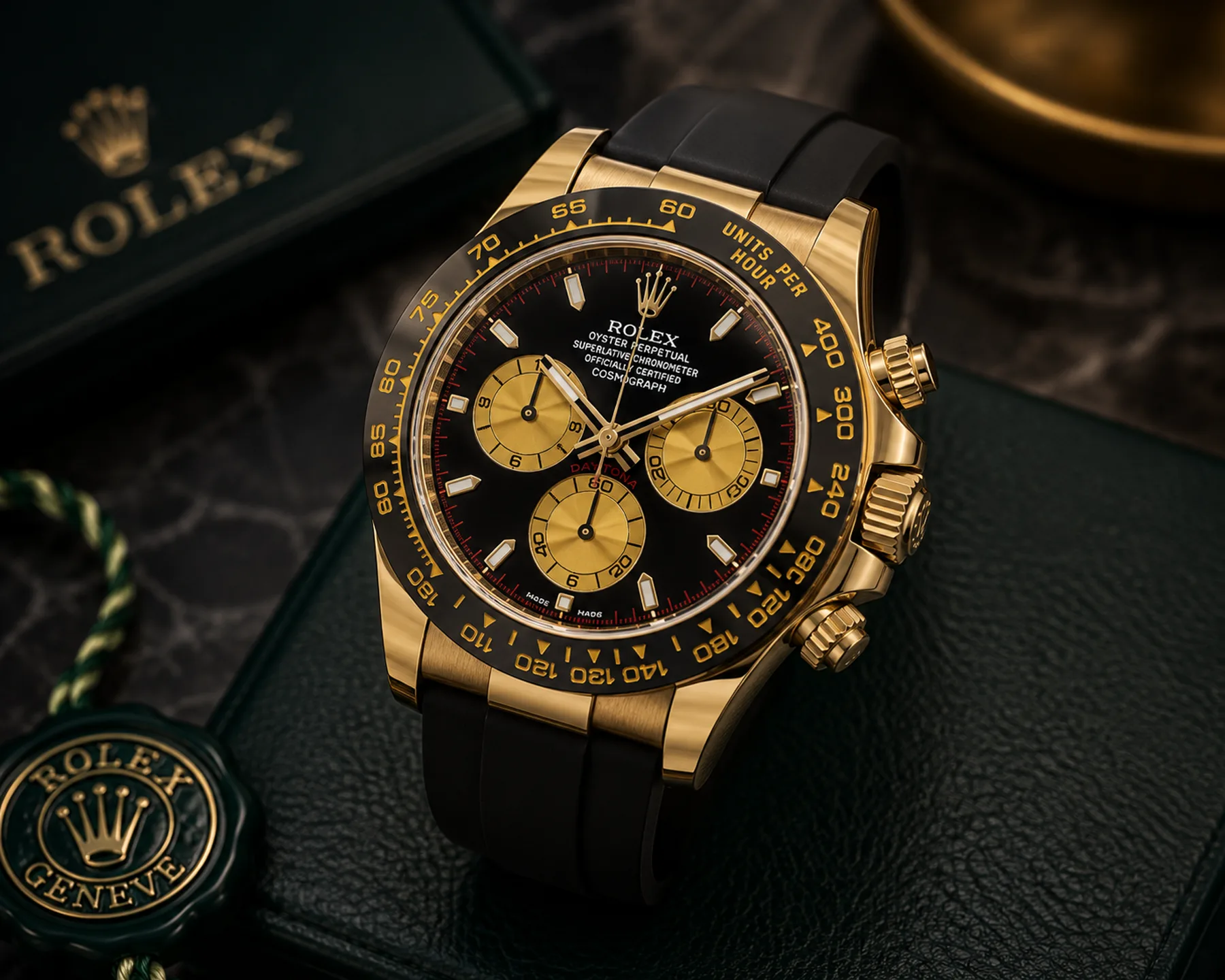 Rolex Daytona in yellow gold with black dial, champagne registers and Oysterflex strap