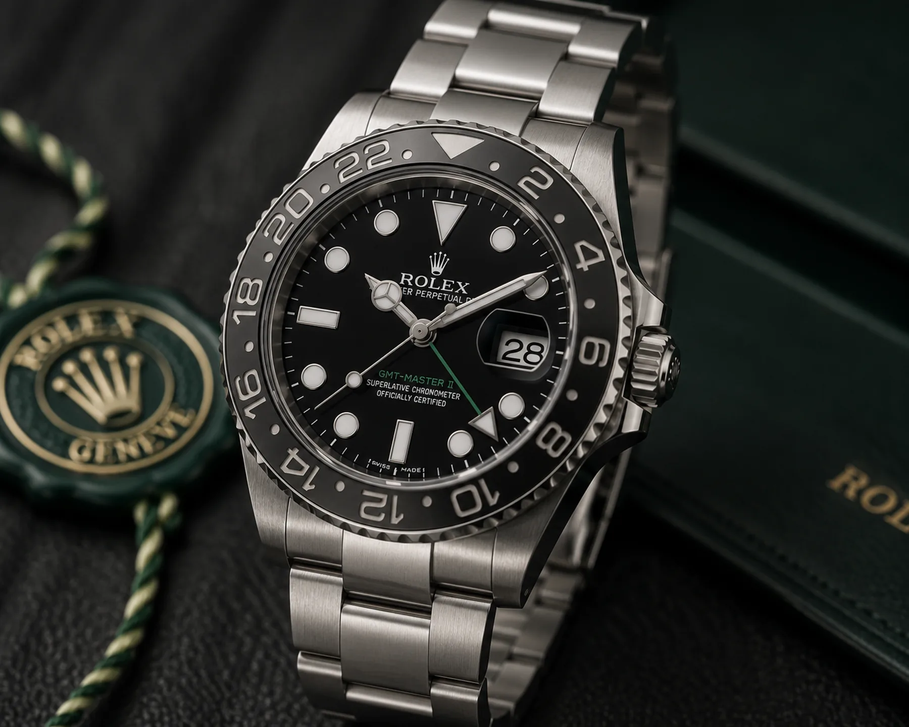 Rolex GMT-Master II in Oystersteel with black ceramic bezel and green GMT hand